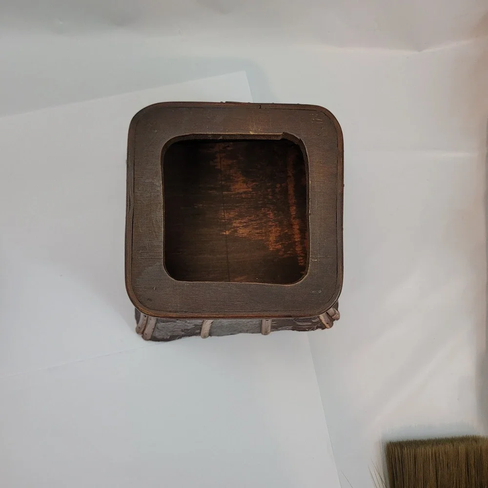 Vintage Decorative Keepsake Box Brown Floral Embossed Bamboo Trim Flared